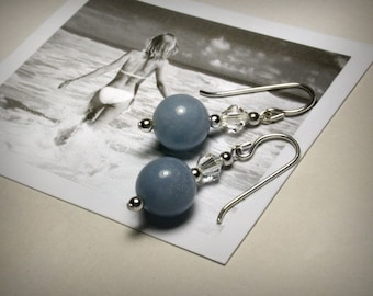 Baby Blue Earrings, Angelite Earrings, Sterling Silver, Blue Dangle, Crystal Beads, Nautical, Resort, Genuine Angelite, Silver Earrings