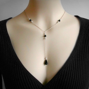 Y Necklace, Black Onyx Necklace, Quality Faux Pearl, Lariat Necklace, Black and White, Sterling Silver Y Necklace, Y Lariat Necklace