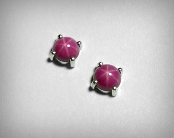 Pink Star Ruby Earrings Studs, Created Star Ruby Earring, Silver, 14K Gold, July Birthstone, Stud Earrings, Blue Pink Red Star Sapphire