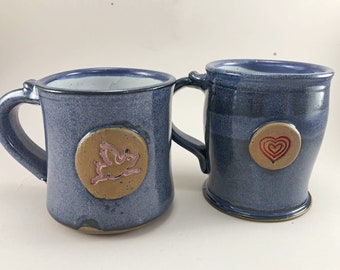 Intense Blue Mugs with Decorative Medallions, When Pigs Fly and a Triple Heart