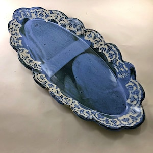 Blue and Cream Doily Platter, with a Scalloped Edge