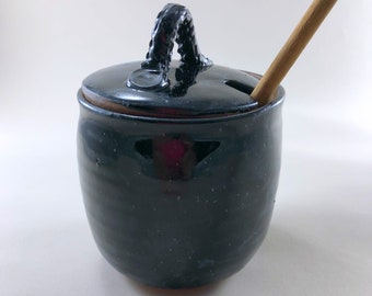 Lidded Stoneware Honey Pot with wooden honey dipper in Black, Turquoise and Arrowmont Blue Green