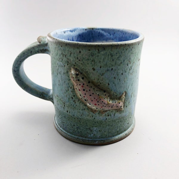 Extra Large Trout Mug in ABG Glaze, Spearmint Green or Intense Blue Glaze with a Brown or Rainbow Rising Trout