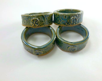 Set of Two Napkin Rings,  Textured Stoneware with a Blue Green Glaze