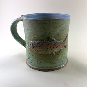 Extra Large Trout Mug in ABG Glaze or Spearmint Green Glaze with a Brown Trout or Rainbow Trout