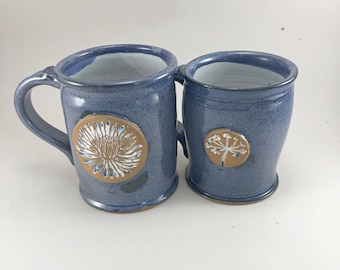 Intense Blue Mugs with Flowers, your choice of Chrysanthemum or Milkweed