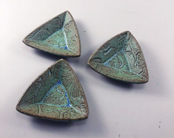 Small Triangular Dishes glazed Arrowmont Blue Green, Intense Blue or White with Blue drawing