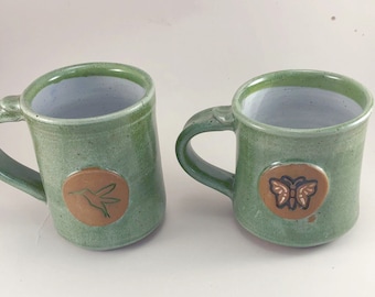 Spearmint Green Medallion Mugs, in your choice of Butterfly or Hummingbird