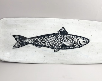 Here Fishy,  Fishy!  Fish Platter in White with Black Graphic