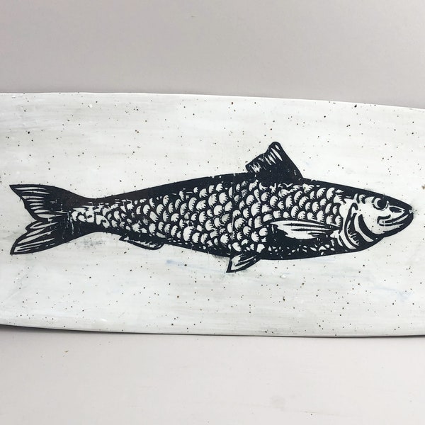 Here Fishy,  Fishy!  Fish Platter in White with Black Graphic