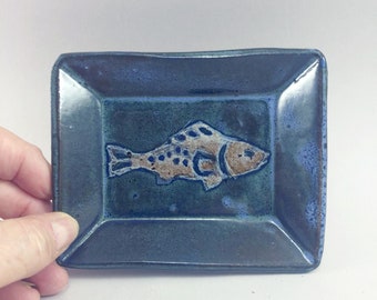 Stenciled Fish Soap dish, Trinket Dish in your choice of Blue or White