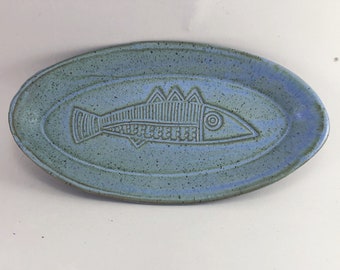 Oval Dish Glazed in Arrowmont Blue Green with Fish Texture