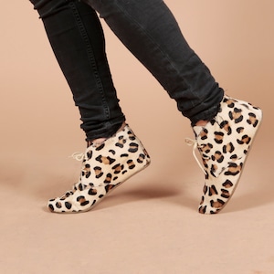 Hairon Leather Fearless Leopard Printed Ankle Flat Lace Up Boots