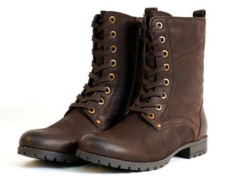 Aspele Women's Brown Nubuck Leather Combat Biker Ankle Lace Up Boots