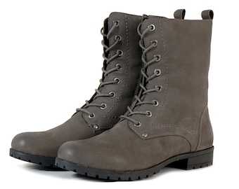 Aspele Women's Dark Grey Nubuck Leather Combat Biker Ankle Lace Up Boots