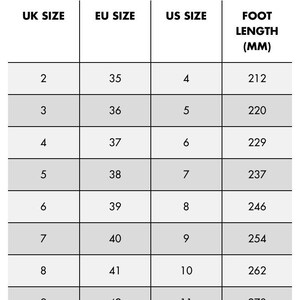 May include: A shoe size conversion chart with UK, EU, and US sizes, along with corresponding foot lengths in millimeters. Sizes range from UK size 2 (US size 4, EU size 35, 212mm) to UK size 9 (US size 11, EU size 42, 270mm).