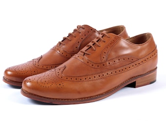 Aspele Mens Tan Leather Brogues shoes-Leather Sole