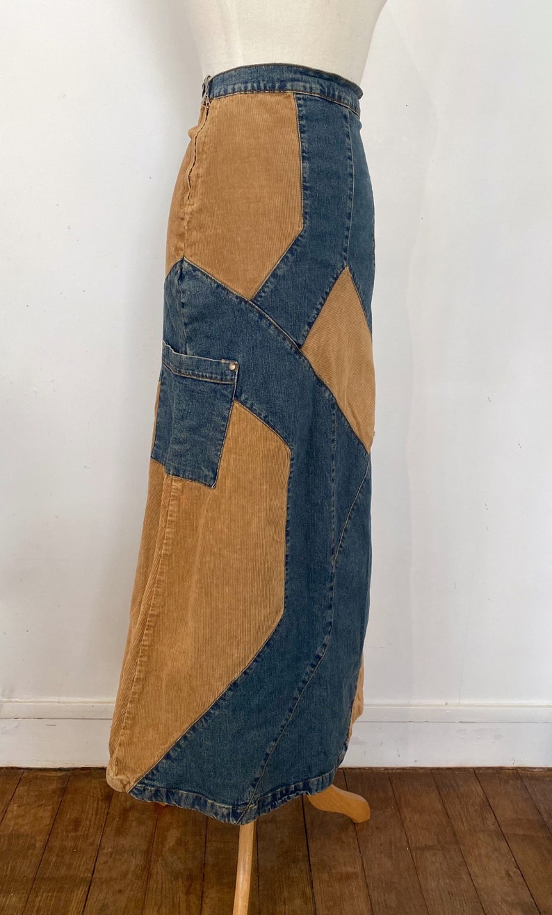 90s Denim and Corduroy Long Patchwork Skirt S