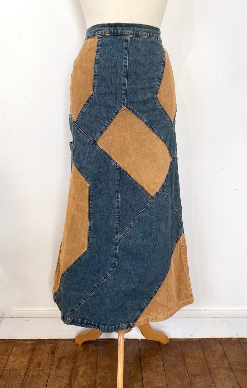 90s Denim and Corduroy Long Patchwork Skirt S
