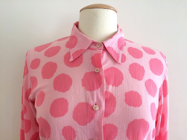 90/'s Agnes B blouse pink blouse cotton shirt button up blouse spotted shirt polka dot modern design french shirt 90s clothing