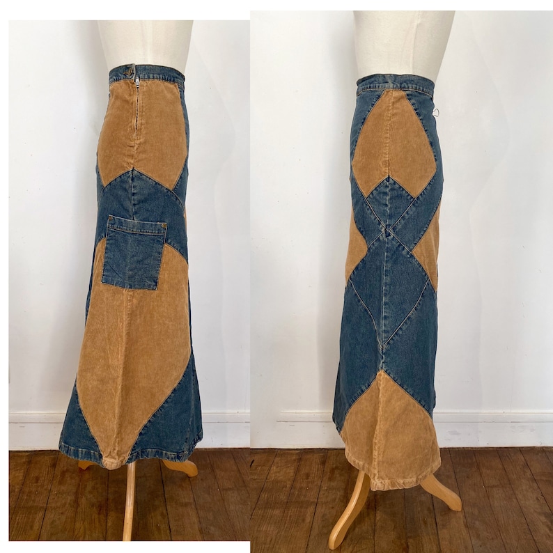 90s Denim and Corduroy Long Patchwork Skirt S