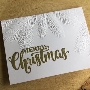 Carte de Noël avec branches de pin en relief fait main or blanc