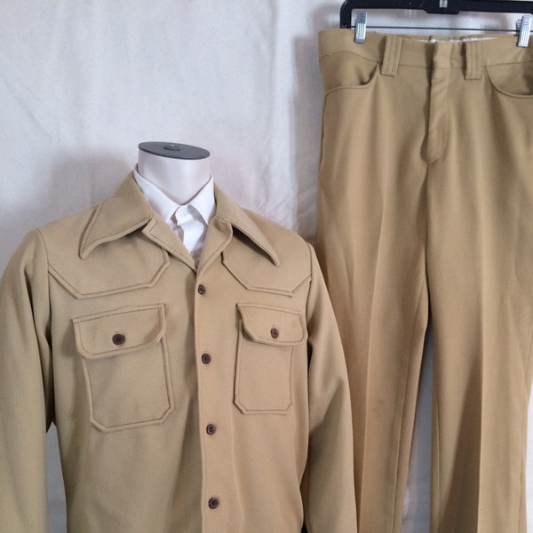 1970s Harvest Gold Leisure Suit - Mens Gold Disco Suit Corduroy Look from Wrangler size Large