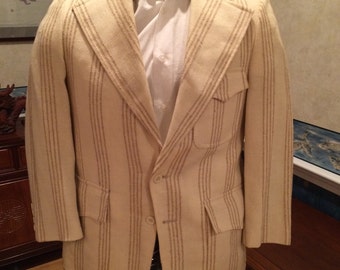 Textured Disco Blazer - 1970s - Mens - Medium 40R- Cream, Tan - Raised Stripe Pattern - Rocker - Unique - Heavy Weight for Cooler Weather