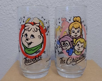 Lot of 3 Chipmunks glass tumblers Alvin Theodore Chipettes 1985 Hardees EUC