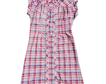 Vintage Women's Size Large Red/Blue Plaid Short-Sleeve Dress Collared Pleated Front Faux Button Detail