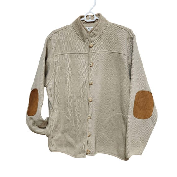 Orvis, Vintage Orvis Women's Large Tan Knit Shirt Jacket Cardigan Leather Elbow Patches