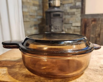 Vintage Pyrex Vision Grab-It and Go V-240 Amber Brown Bowl Lid Set 7 Oz USA