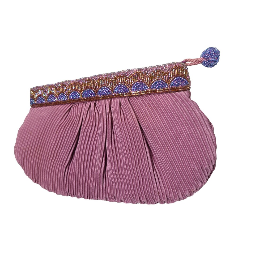 Vintage Evening Bag Clutch Purple Beaded Ribbed Zipper Pouch Formal ...