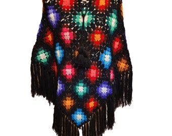 Vintage 1970s Women's One Size Homemade Granny Square Poncho Boho Hippie Fringe Retro