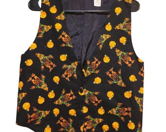 Chaleco de Halloween vintage de los años 90 para mujer, talla mediana, con estampado de calabaza y espantapájaros en negro, otoño