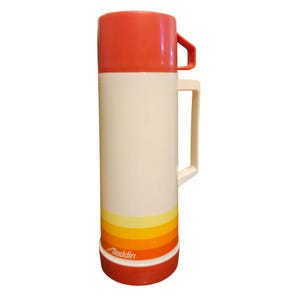 Vintage 80s Aladdin Thermos 16oz Red Yellow Orange Stripe Retro Camping Lip Cup