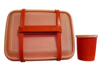 Vintage 70s Tupperware Pack & Carry 5pc Harvest Orange Lunch Set w/ Strap + Cup
