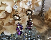 February's Rose: Purple Glass and Rose Crystal Vintage Assemblage Earrings Repurposed Jewelry