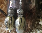 Over the Moon: Brass Tulip Filigree Rhinestone Mother of Pearl Rondelle Vintage Assemblage Earrings