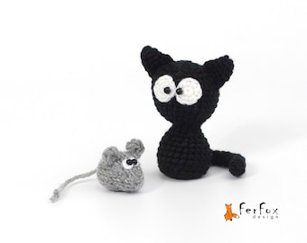 Miniature cat and mouse plushies, Tiny black cat stuffed animal, Miniature mouse stuffie