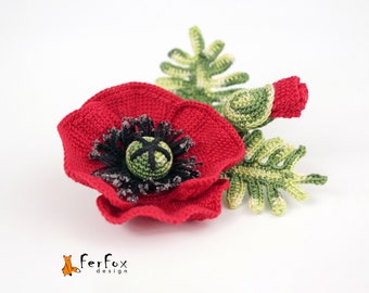 Red poppy brooch, Rustic wedding jewelry, Boho floral pin for woman