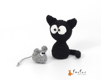 Peluche di gatto e topo in miniatura, piccolo animale ripieno di gatto nero, peluche di topo in miniatura