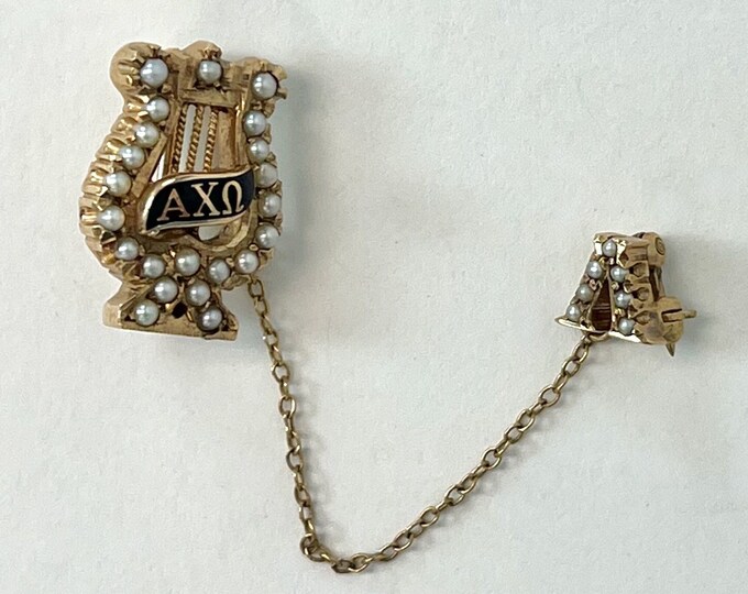 1958 Alpha Chi Omega Lyre Seed Pearl Enamel Gold Sorority Fraternity ...