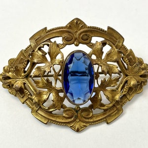 Antique 1800s Victorian Art Nouveau Dark Blue Glass Stone Leaf Ornate Brass Sash Pin Belt Buckle Statement Jewelry