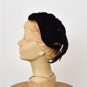 1940s Black Velvet Feathered Hat image 1