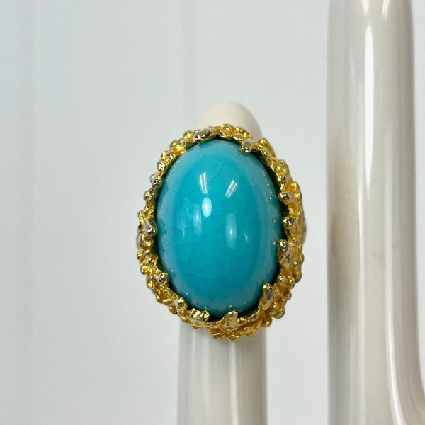 1970s/1980s Turquoise Gold Ornate Elaborate Faux Statement Ring Costume Jewelry