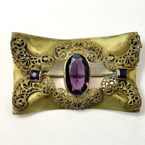 Antique 1800s Victorian Art Nouveau Purple Glass Stone Ornate Brass Sash Pin Belt Buckle Statement Jewelry