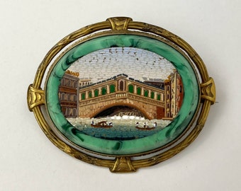 Antique Early 20th Century Micro Mosaic Tesserae Rialto Bridge Venice Italy Malachite Oval Brooch Pin Jewelry