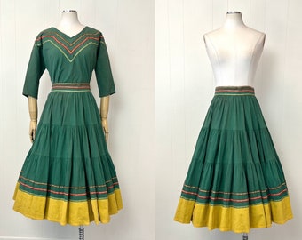 1950s Green Metallic Patio Square Dance Blouse & Circle Skirt Dolores Resort Wear Two Piece Set