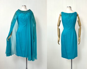 1950s/1960s Turquoise Blue Wiggle Cocktail Dress with Beaded Chiffon Cape